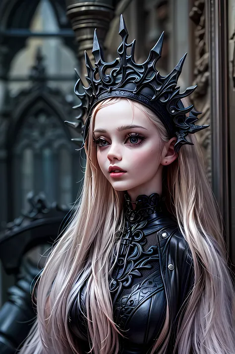 a goth picture of Barbie as a gothic queen (best details, Masterpiece, best quality :1.5), ultra detailed face (best details, Masterpiece, best quality :1.5), ultra feminine (best details, Masterpiece, best quality :1.5), wearing latex black mini dress, bl...