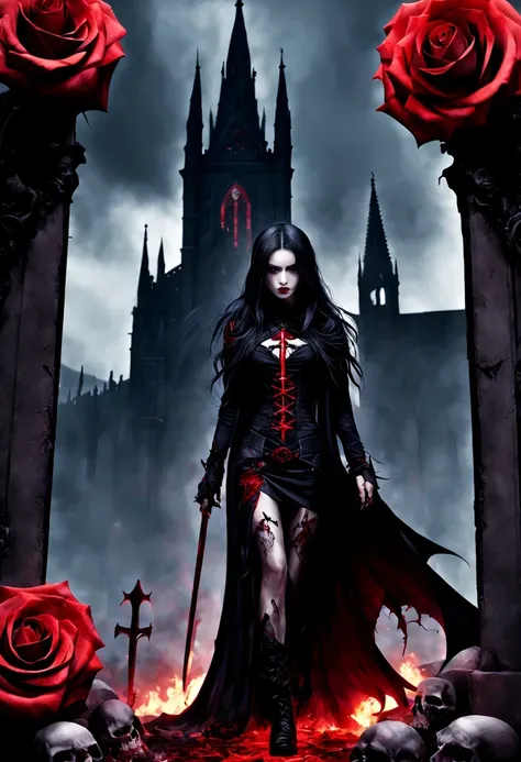(Messenger from hell:1.4),cross,one个巨大的吸Blood鬼,View of sickle from below,hell,magma,flame,(紫色flame:1.3),There is fresh Blood on the ground,Blood pool,dripping Blood,Gothic aesthetics,one、Rose、castle、cross、Blood、churchyard,gothic style的神秘、solemn and profoun...
