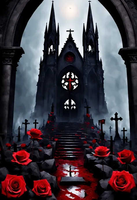 (Messenger from hell:1.4),cross,one个巨大的吸Blood鬼,View of sickle from below,hell,magma,flame,(紫色flame:1.3),There is fresh Blood on the ground,Blood pool,dripping Blood,Gothic aesthetics,one、Rose、castle、cross、Blood、churchyard,gothic style的神秘、solemn and profoun...