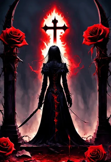 （Messenger from hell：1.4），cross，one个巨大的吸Blood鬼，View of sickle from below，hell，magma，flame，（紫色flame：1.3），There is fresh Blood on the ground，Blood pool，dripping Blood，Gothic aesthetics，one、Rose、castle、cross、Blood、churchyard，gothic style的神秘、solemn and profoun...