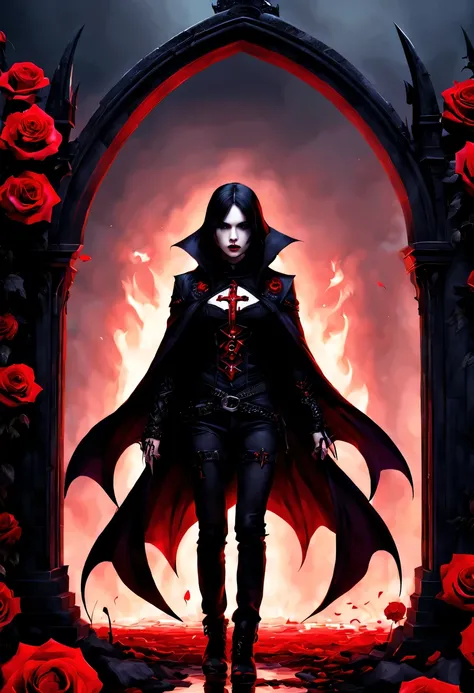 （Messenger from hell：1.4），cross，one个巨大的吸Blood鬼，View of sickle from below，hell，magma，flame，（紫色flame：1.3），There is fresh Blood on the ground，Blood pool，dripping Blood，Gothic aesthetics，one、Rose、castle、cross、Blood、churchyard，gothic style的神秘、solemn and profoun...