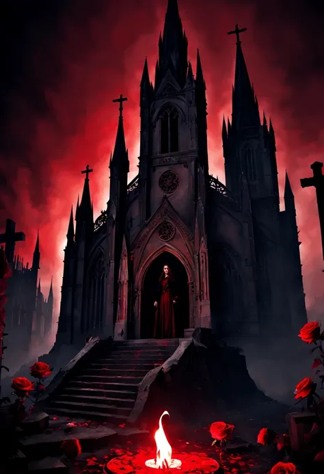 （Messenger from hell：1.4），cross，one个巨大的吸Blood鬼，View of sickle from below，hell，magma，flame，（紫色flame：1.3），There is fresh Blood on the ground，Blood pool，dripping Blood，Gothic aesthetics，one、Rose、castle、cross、Blood、churchyard，gothic style的神秘、solemn and profoun...