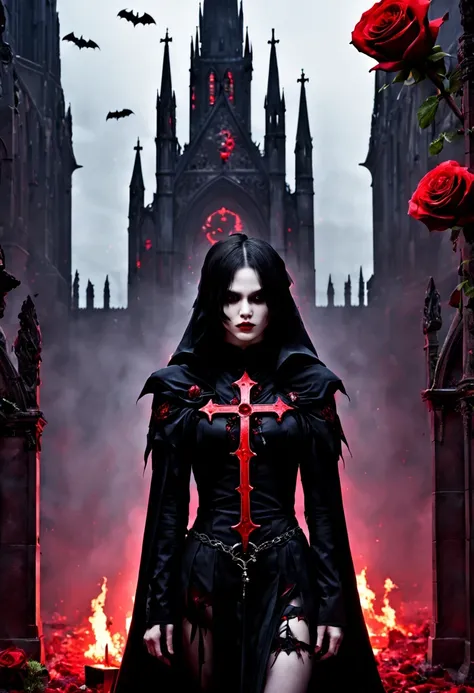 (Messenger from hell:1.4),cross,one个巨大的吸Blood鬼,View of sickle from below,hell,magma,flame,(紫色flame:1.3),There is fresh Blood on the ground,Blood pool,dripping Blood,Gothic aesthetics,one、Rose、castle、cross、Blood、churchyard,gothic style的神秘、solemn and profoun...