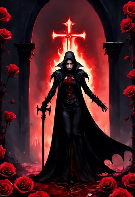 （Messenger from hell：1.4），cross，one个巨大的吸Blood鬼，View of sickle from below，hell，magma，flame，（紫色flame：1.3），There is fresh Blood on the ground，Blood pool，dripping Blood，Gothic aesthetics，one、Rose、castle、cross、Blood、churchyard，gothic style的神秘、solemn and profoun...