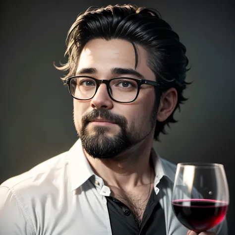 Detailed sketch of 40-year-old man&#39;s hair and cheeks，wearing black glasses，（Position 2:0）（Character black and white HD 1:4），Three-quarters of the side angle，Staring at the wine glass with a focused expression，（Holding a wine glass in hand 1:5），HD 4K，（D...