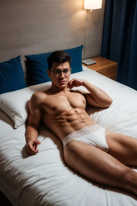 Western boy, heart shaped face, eyeglasses, neat muscular, lying, (head on pillow), bedroom, dark room, full body