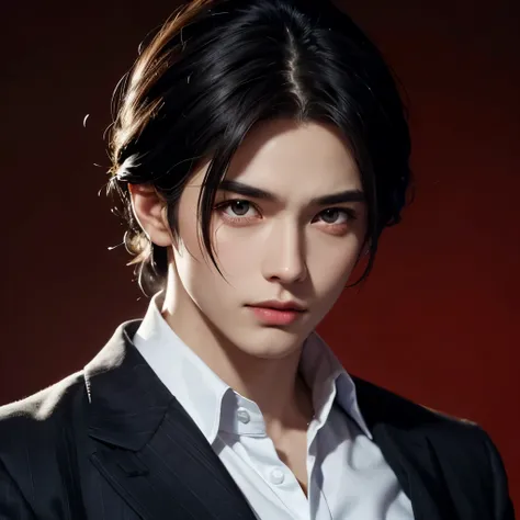 Male, black hair, red eyes, sharp features, white skin, formal style