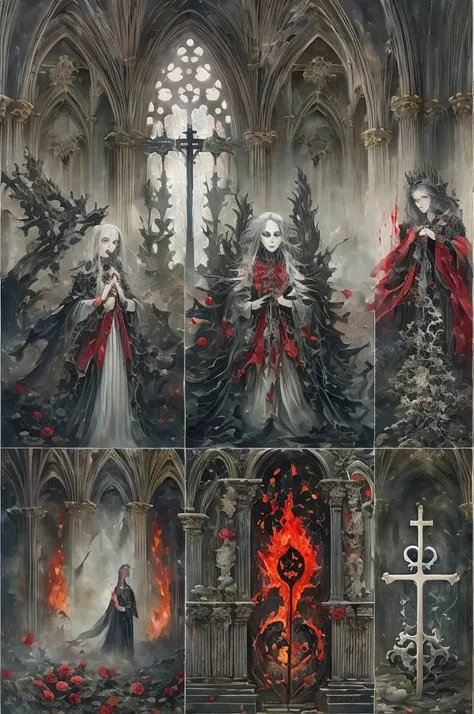 （Messenger from hell：1.4），cross，one个巨大的吸Blood鬼，View of sickle from below，hell，magma，flame，（紫色flame：1.3），There is fresh Blood on the ground，Blood pool，dripping Blood，Gothic aesthetics，one、Rose、castle、cross、Blood、churchyard，gothic style的神秘、solemn and profoun...