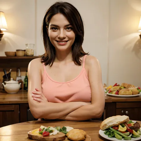 (best quality,realistic:1.37),mid-aged woman with crossed arms, looking forward, happy expression, smiling behind a table full of delicious food,illustration,ultra-detailed,professional,portrait,indoor setting,lively atmosphere,vibrant colors,soft lighting