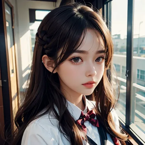 Girl, long brown hair, gray eyes, sharp features, white skin, wavy hairstyle, formal school uniform