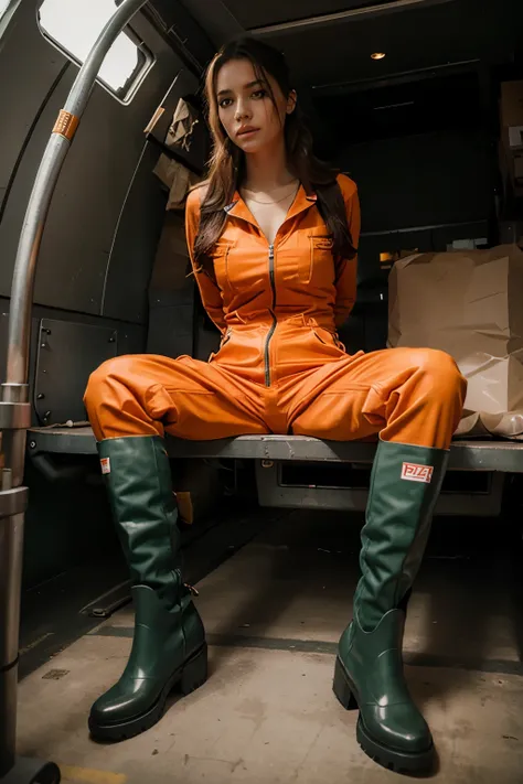 make her wear a long sleeves zipped orange prison jumpsuit