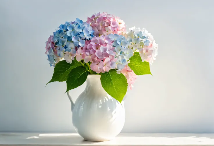 High resolution,8k ultra hd,Minimal color,negative space,　hydrangea flower,color is white、gentle pink gradation,Soft Blue,　I have been arranging it for a long time, White vase,　 The background is a white lime wall, under the holy bright sun