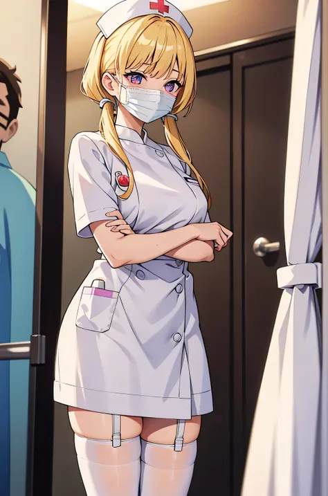 1 girl, alone, nurse, nurse cap, white clothes, ((white legwear, zettai ryouiki)), white gloves, twin tails, yellow hair, purple eyes, ((white surgical mask, covered nose)), Are standing, ((hospital room)), sharp outline, short sleeve, highest quality, mas...