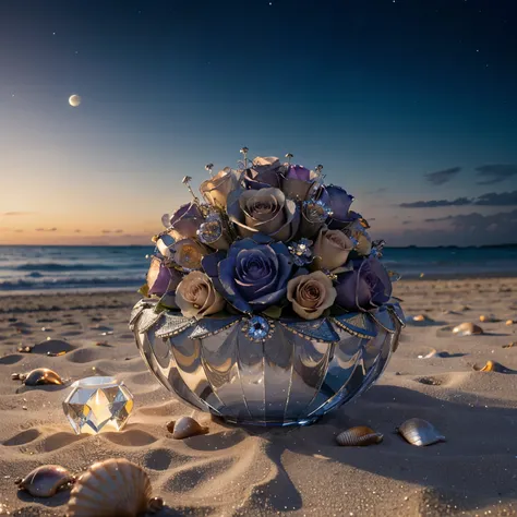 Splash water, flowers roses and shiny large shells, diamond crystal, on the beach, fantasy, sky night , moon, smoke , photo, HD, 8K , realistic, HD, intricate, 8k, highly detailed,fun, sharp focus,