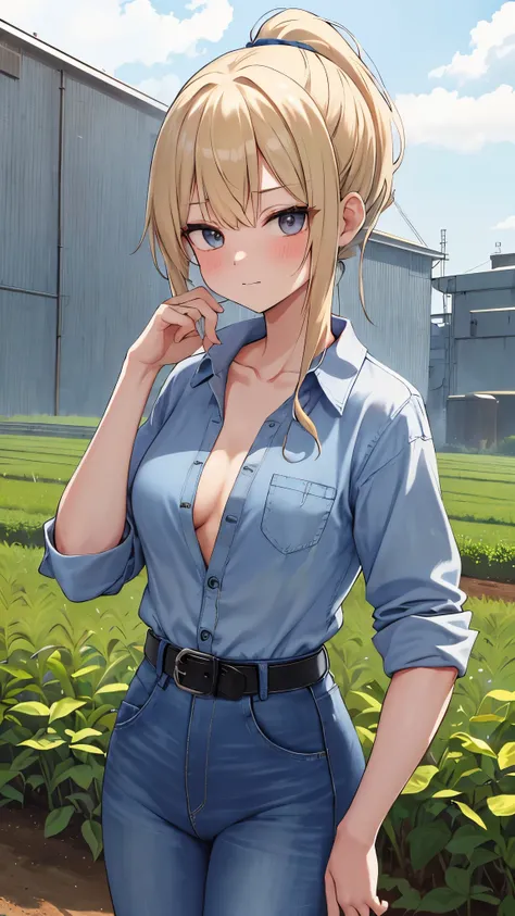 planting crops in farm, farming, ((prison farm)), outdoors, solo focus, blonde hair, long hair, ponytail, ((blue long jeans)), ((blue button shirt)), ((black belt)), ((tucked in shirt)), bangs, breasts, blush, closed mouth, collarbone, tattoo on hands, tat...