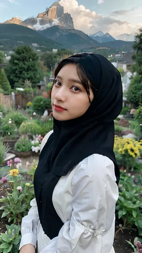 1 girl, wearing a black and white dress, wearing a hijab, standing in a garden with mountain background 