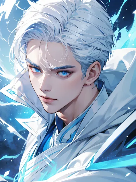 Handsome boy with white hair, chiseled face, blue glowing eyes, wearing white and blue sorcerer clothing, white cape, icy background, blue magic, he is controlling great blue magic, close up shot