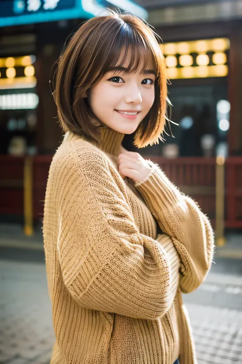 masterpiece , highest quality , Super detailed , 8k , photo&#39;s ,cute woman , 18-year-old, 1 girl , sweater , bangs , smile ,  , symmetrical eyes , brown hair , bob cut , In front of Shinagawa Station , ticket gate ,