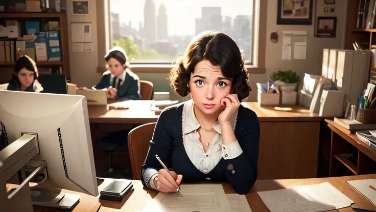  A bustling office. A young entrepreneur, AMY (20s), sits at her desk, overwhelmed by a mountain of customer service emails depicted in an illustration style reminiscent of the works of Norman Rockwell. Amys expression is overwhelmed, with wide eyes and a ...