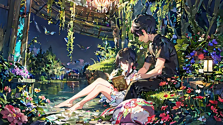 1 girl and 1 boy，peer，couple, enchanted forest, nature, tree, dryad, , flowers, two people reading a book together, half body, f...