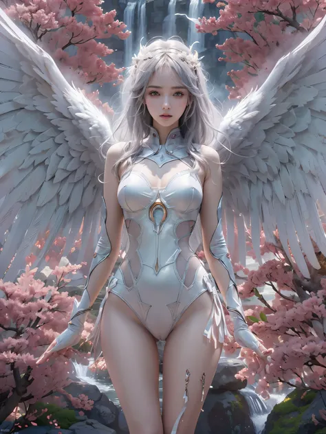 top quality, Masterpiece, ultra high resolution, ((Photorealistic: 1.4), Raw-Photo, 1 girl, gray hair, Glossy leather, angel girl, (Ultra-realistic details)), Global Illumination, shadows, octane number, 8K, ultra sharp , big, Open neckline, Latex bodysuit...