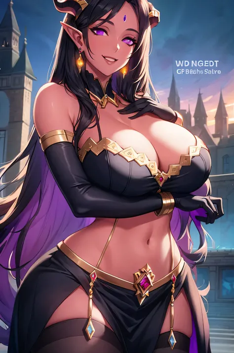 eredar, long black hair, long elf ears, horns, colored skin, red skin, hair stick, bangs, violet eyes, solo, smiling, standing, upper body, hips, bare shoulders,purple thighhighs,black dress, gold jewelry,armor,gloves,circlet, cleavage, red and gold royal ...