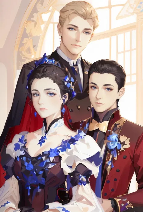 close-up of a couple of people in a dress, work in Guweiz style, The Three Futuristic Princes, Imperial Royal Elegant Clothing, very detailed exquisite fanart, beautiful androgynous prince, beautiful drawing of the characters, Royal portrait, Royal portrai...