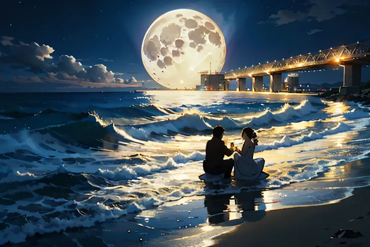 Couple sitting on the beach wearing wedding dress where waves are glowing, night sky with a full moon, sky filled with sky lanterns, and candles placed beside the couple, expansive landscape