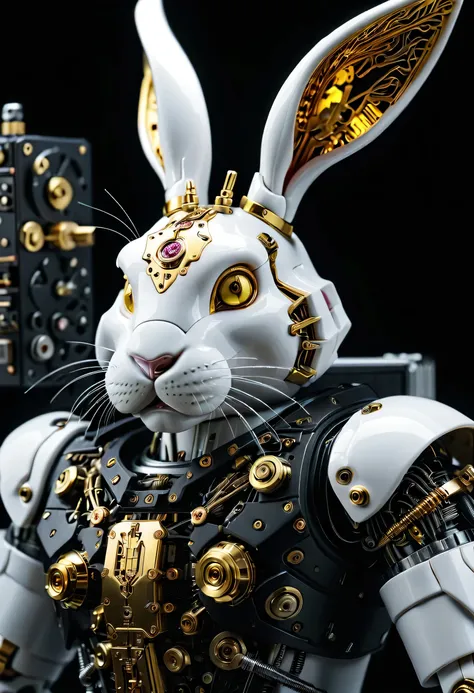 Half-length photo or portrait, White and yellow rabbit machine head on solid black background, Composed of ultra-precision mechanical components, Electronic, and metal armor.(Ray tracing, Well-designed, high detail, masterpiece, best quality, ultra high de...