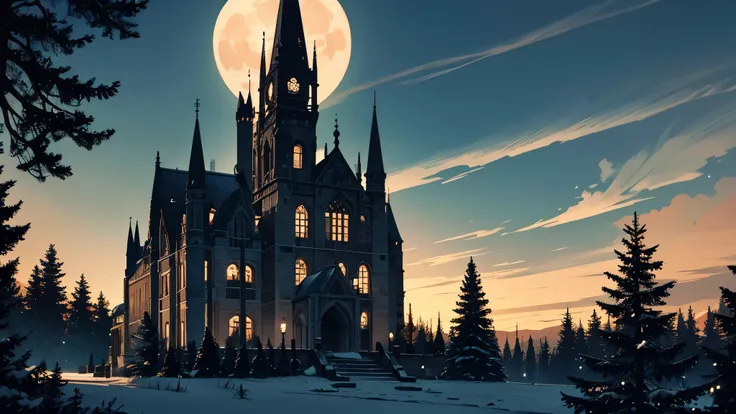 a large beautiful gothic manor surrounded by conifer trees and red rose bushes accentuated by a large moon hanging in the sky, n...