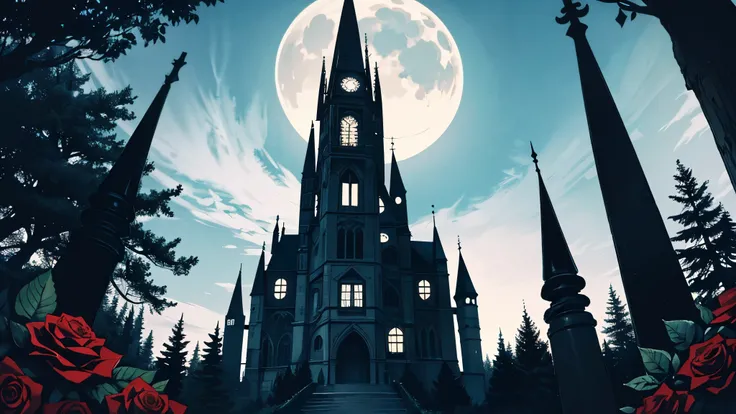 a large beautiful gothic manor surrounded by conifer trees and red rose bushes accentuated by a large moon hanging in the sky, n...