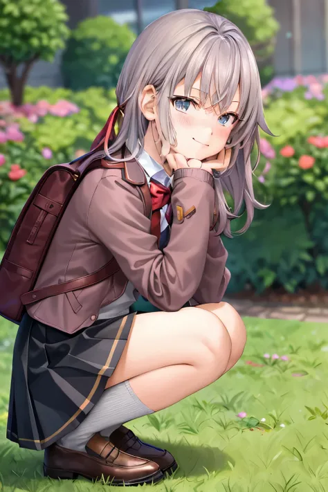 masterpiece, best quality, 1girl, solo, skirt, bag, outdoors, jacket, squatting, socks, shoes, looking at viewer, brown footwear, school uniform, plaid, loafers, blazer, brown hair, plaid skirt, black socks, long sleeves, bangs, open clothes, open jacket, ...