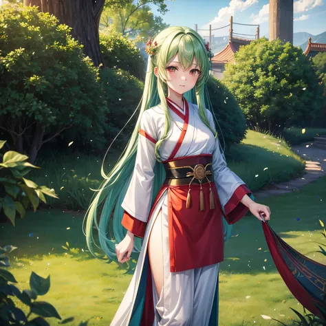 green hair、red eyes、tall、Mid-teens、juvenile、Hanfu、red and blue aura、anime picture