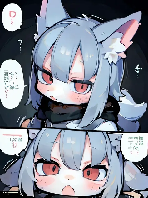 Comic of a cute anthropomorphic wolf girl of light gray color with different expressions on her face