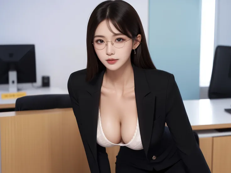 ((Best picture quality, 8K)), Korean, top beauty, Very beautiful, (Medium shot:1.2), {{mature woman, 30 years old lactating woman}}, (straight long black brown hair), （black bra), ssmile, (In the office), ( pose), seductive pose, pervert woman, (collared t...