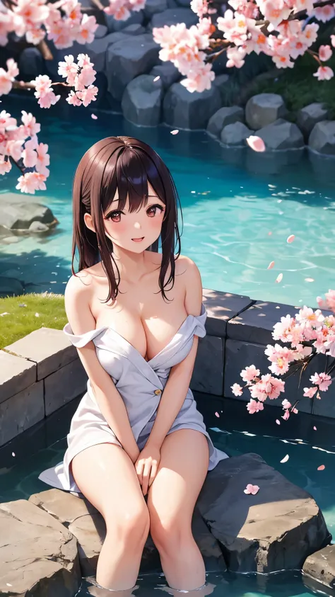 created an image of a 25-year-old Japanese woman enjoying the falling cherry blossoms while taking an open-air bath.She is covered from the shoulders down with a high-quality 8K bath towel, so her body is not visible and the water is white and cloudy. Ther...