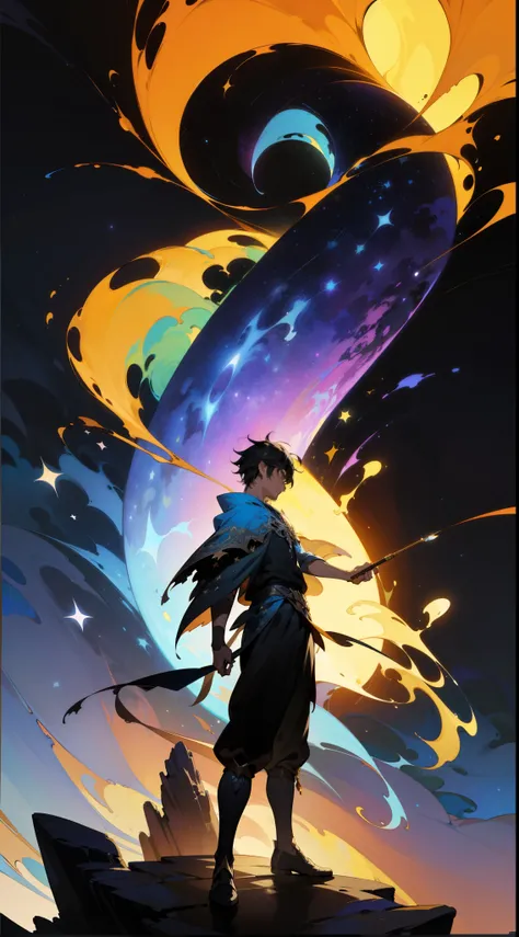 handsome boy standing on a rock looking at the stars, fantasy world, dark background, clean design, epic, artstation, colorful paint splatter, silhouette, hyper detailed intricate details, unreal engine, fantasy, splash screen, complementary colors, devian...