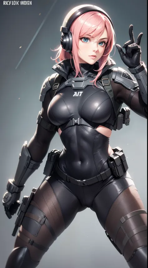 style of metal gear solid, (detailed intricate full cover tactical helmet:1.3), (pink hair), cowboy shot, dynamic pose, 1girl, solo, ray tracing, (masterpiece), (best quality), (detailed), (detailed tactical gear:1.1), (body armor:1.1), combat pants, glove...