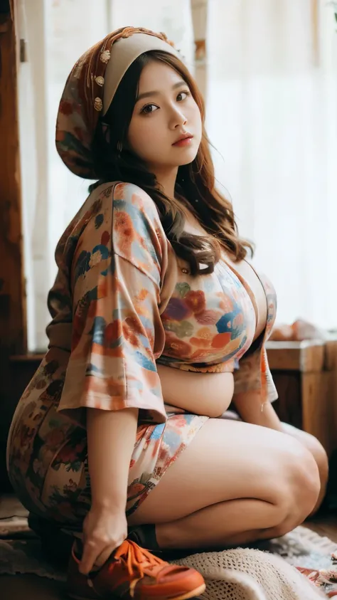 there is a woman sitting down with a longest brown hair, bbwchan, thicc, brown hijab outfit, brown hairstyle model, korean girl, korean woman, wearing brown robe, full length shot, alluring plus sized model, japanese goddess, clothed in hooded, voluptuous ...