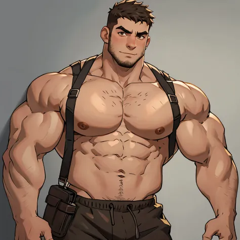 male, man, black short hair, brown eyes, no facial hair, short hair, muscle, chest muscles, big chest muscles, massive chest muscles, round chest muscles, breast, , big deal