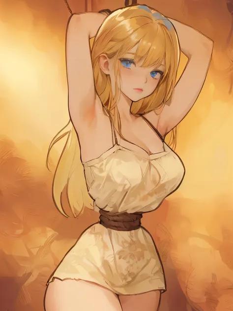 ((masterpiece)), ((best quality)), (ultra-detailed), torture room,(((rope strongly bound waist))),a cute girl, 1girl, solo,camisole onepiece dress,beautiful blonde hair, (beautiful blue eyes), long hair, expression of agony