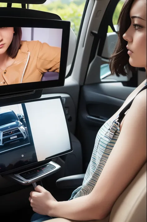 Advertisements shown to people sitting in the back seat of a taxi on a monitor installed behind the backrest of the passenger seat.