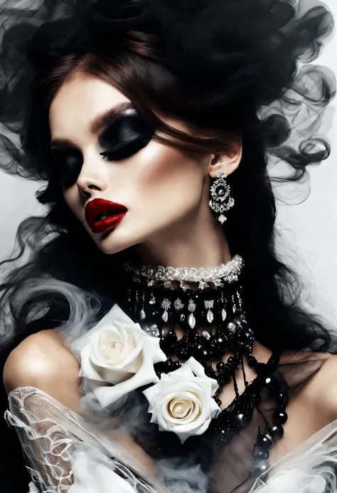 gothic art，Dream，（Just one photo of a stunning fashion model），whole body，Gothic makeup，（A lot of black and white smoke floating around the face：0.65），Only the mouth is red，lots of white space，White Rose，black pearl jewelry，simple white background，
