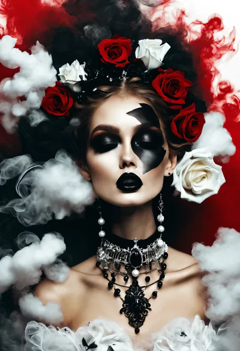 gothic art，Dream，（Just one photo of a stunning fashion model），whole body，Gothic makeup，（A lot of black and white smoke floating around the face：0.65），Only the mouth is red，lots of white space，White Rose，black pearl jewelry，simple white background，
