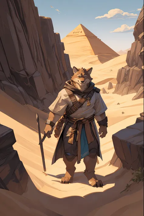 ,High-quality illustrations, masterpiece, absurdres, super high resolution, detailed background, desert, sand dunes, pyramid, Traditional costumes, Happy, joyful(Travel photos)perfect anatomy(kemono, furry anthro)cinematic lighting, beautiful shadow, dynam...