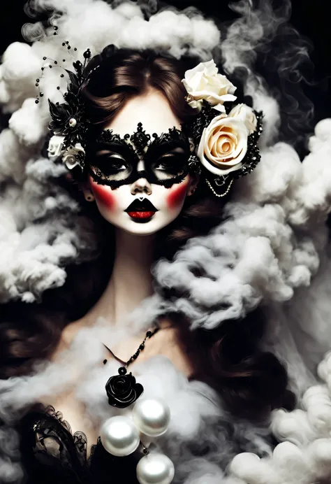 gothic dark art，Dream，（Beautiful model doll&#39;s masked face photo only one），Gothic makeup，（A lot of black and white smoke floating around the face：0.65），Only the mouth is red，lots of white space，White Rose，black pearl jewelry，simple white background，
