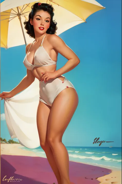 20 years old Girl at the beach, wearing a swim suit, medium breast, shining skin, dramatic lighting, pin up style, sexy, surprised, , colorful , masterpieces, illustrated, shining skin, detailed face, Medium breast. tight body. black hair, Illustrated BY Z...