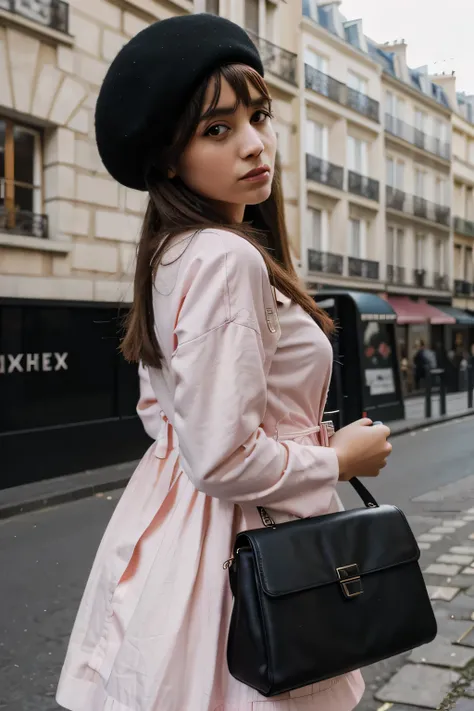 Street style , beautiful stylish girl in Paris, wide angle shot, Hasselblad X1D camera, fashionable pink dress and black beret