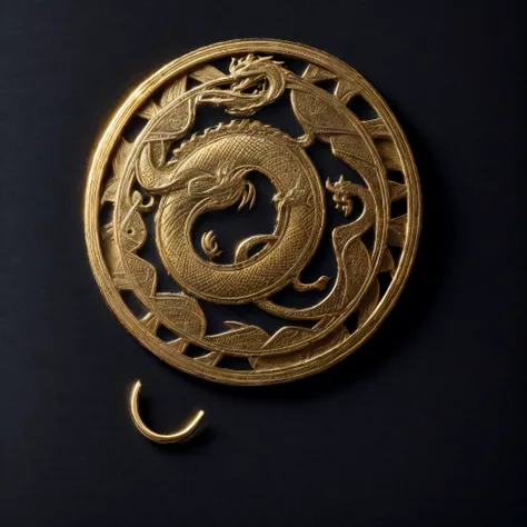 a golden oriental coin with a dragon pattern in the middle. fundo simples preto. vista do topo