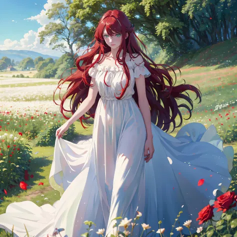 4k, ultra-detailed, professional, vivid color, soft lighting, beautiful really long red haired woman, curtain fringe, dreamy green eyes, walking sideway in a field towards old ruins, best quality, beautiful flowy opaque white dress, looking away, natural p...